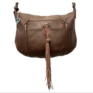 👛MOVING!! Lucky Brand Brown Leather Boho Tassel “Carmen” Top Zip Med Crossbody